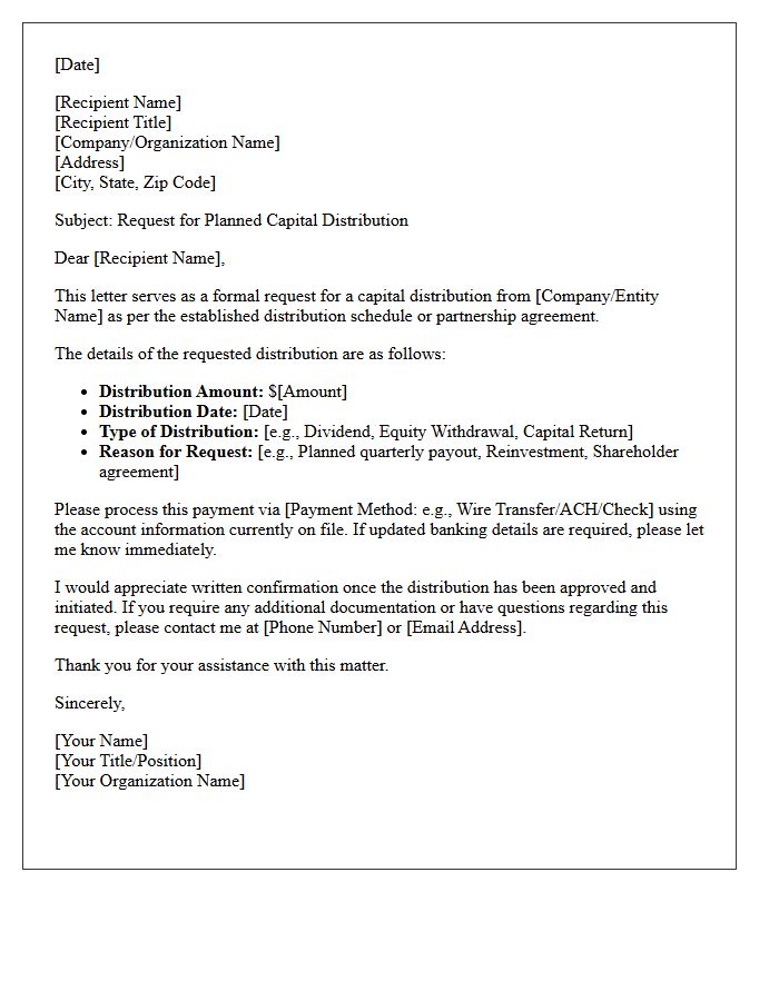 Planned Capital Distribution Request Letter