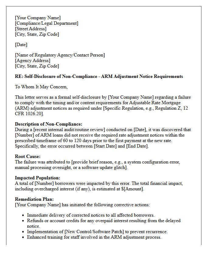 Adjustable Rate Mortgage Adjustment Notice Failure Self-Disclosure Letter