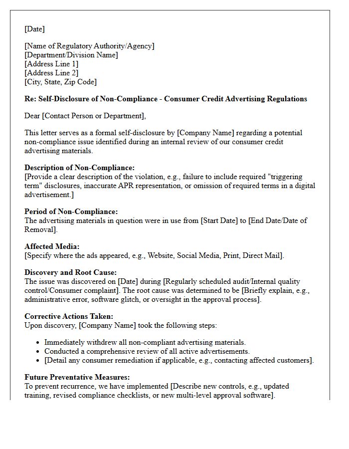 Consumer Credit Advertising Violation Regulatory Self-Disclosure Letter