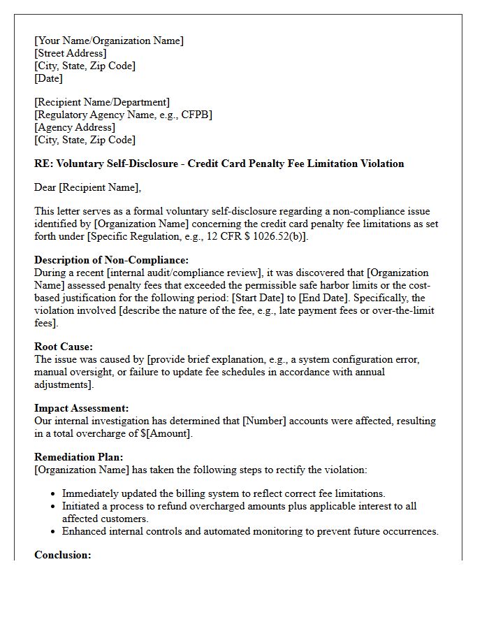 Credit Card Penalty Fee Limitation Violation Self-Disclosure Letter