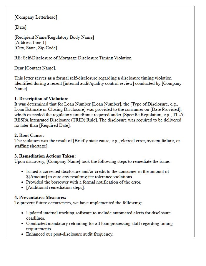 Mortgage Disclosure Timing Violation Remediation And Self-Disclosure Letter