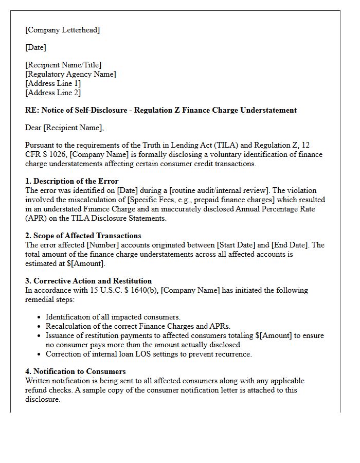 Regulation Z Finance Charge Understatement Violation Self-Disclosure Letter