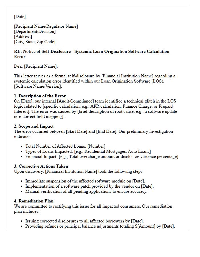 Systemic Loan Origination Software Calculation Error Self-Disclosure Letter