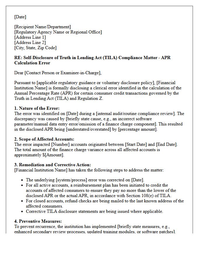 Truth In Lending Act Annual Percentage Rate Calculation Error Self-Disclosure Letter