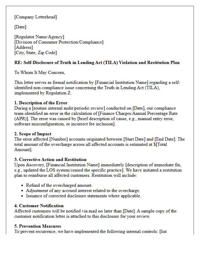Truth In Lending Act Customer Overcharge Restitution Self-Disclosure Letter