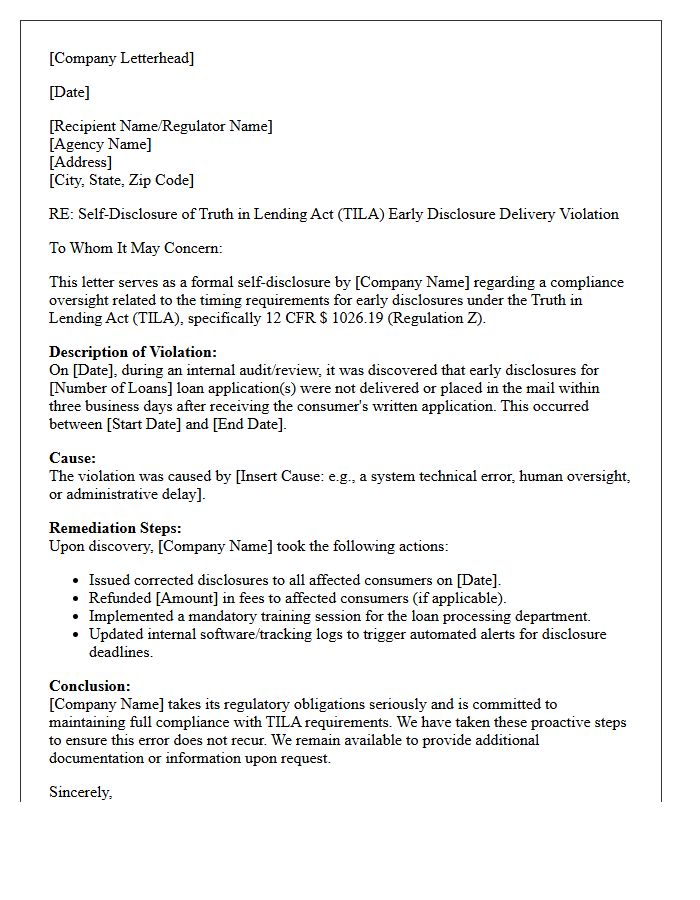 Truth In Lending Act Early Disclosure Delivery Violation Self-Disclosure Letter