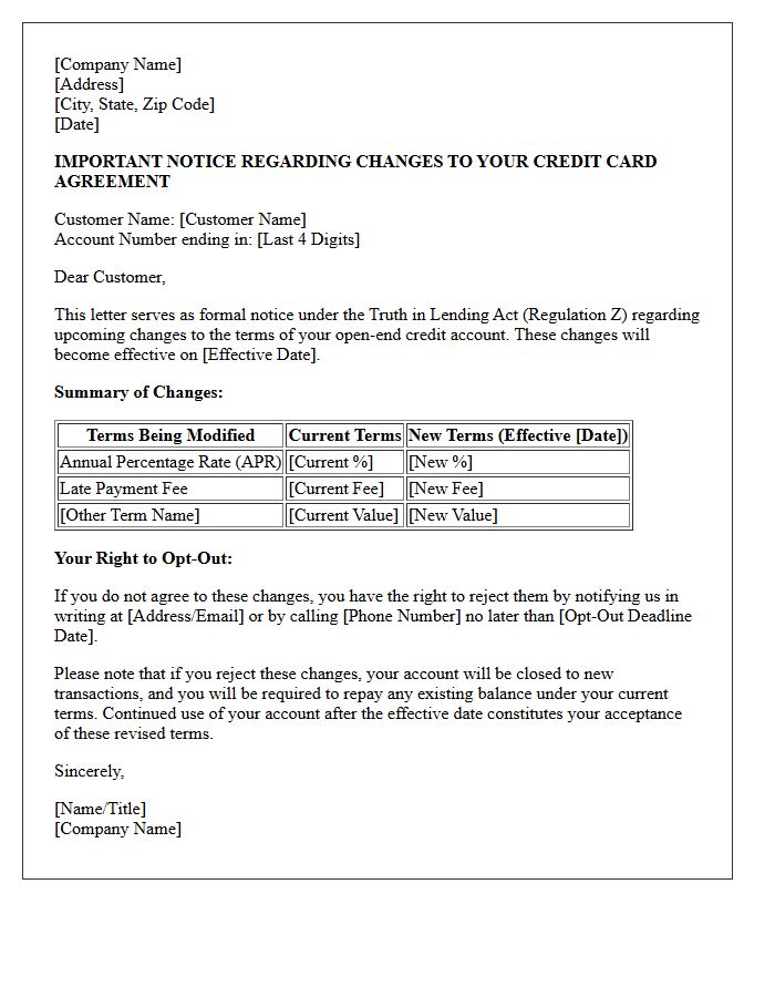Truth In Lending Act Open-End Credit Terms Change Self-Disclosure Letter