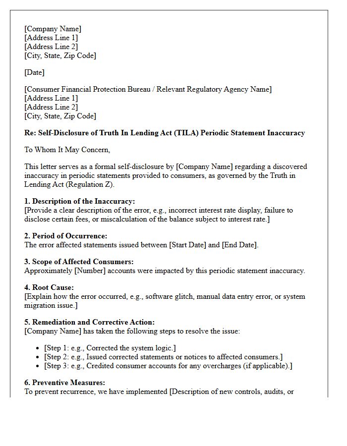Truth In Lending Act Periodic Statement Inaccuracy Self-Disclosure Letter