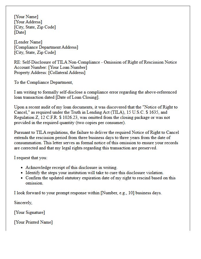 Truth In Lending Act Right Of Rescission Notice Omission Self-Disclosure Letter