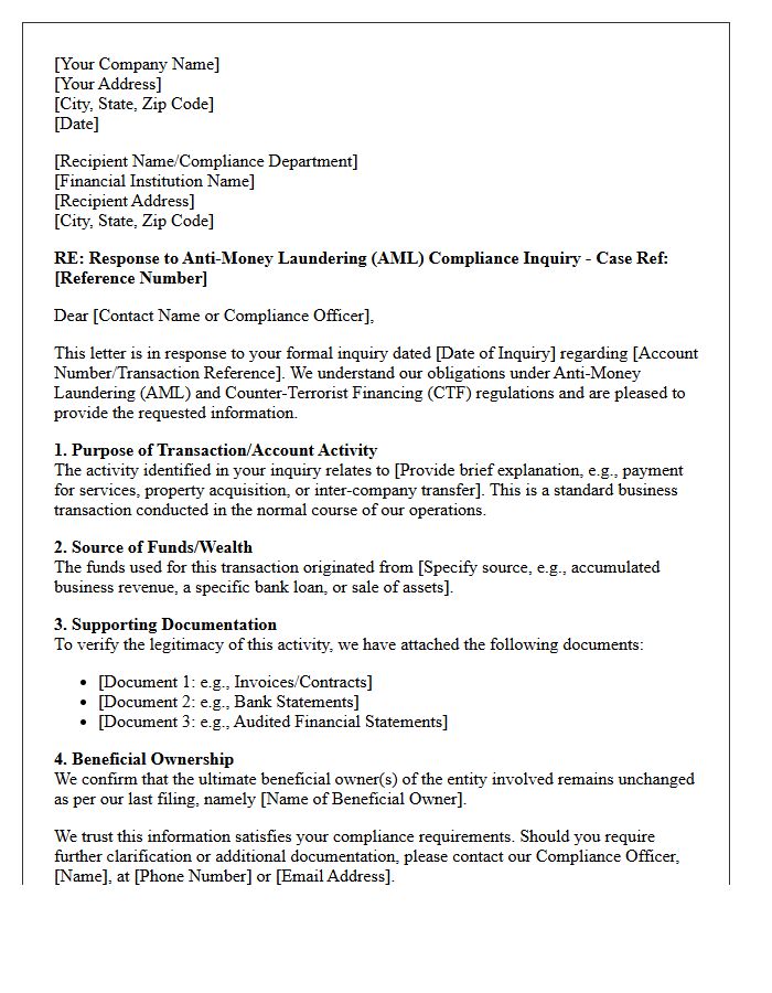 Anti-Money Laundering Compliance Inquiry Response Letter