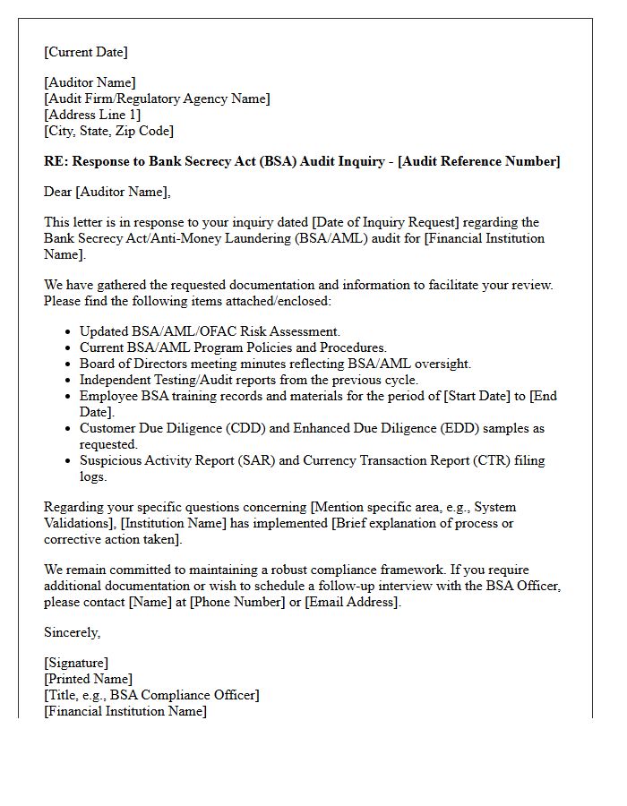 Bank Secrecy Act Audit Inquiry Response Letter