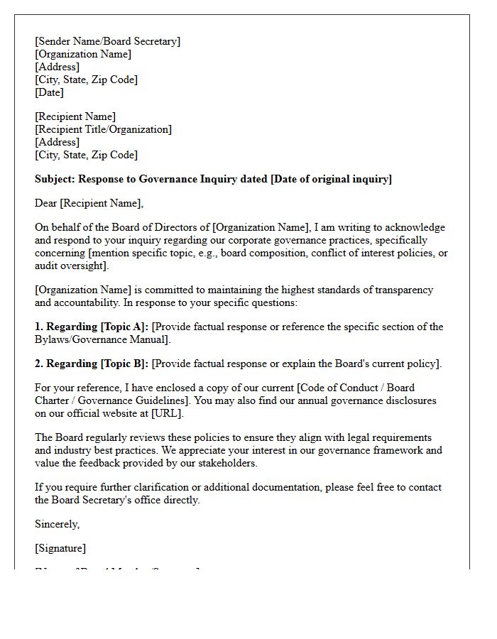 Board of Directors Governance Inquiry Response Letter