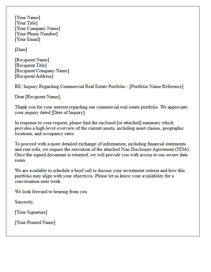 Commercial Real Estate Portfolio Inquiry Response Letter