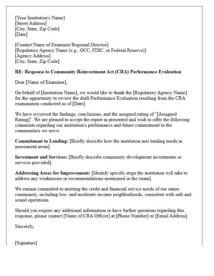 Community Reinvestment Act Examination Response Letter