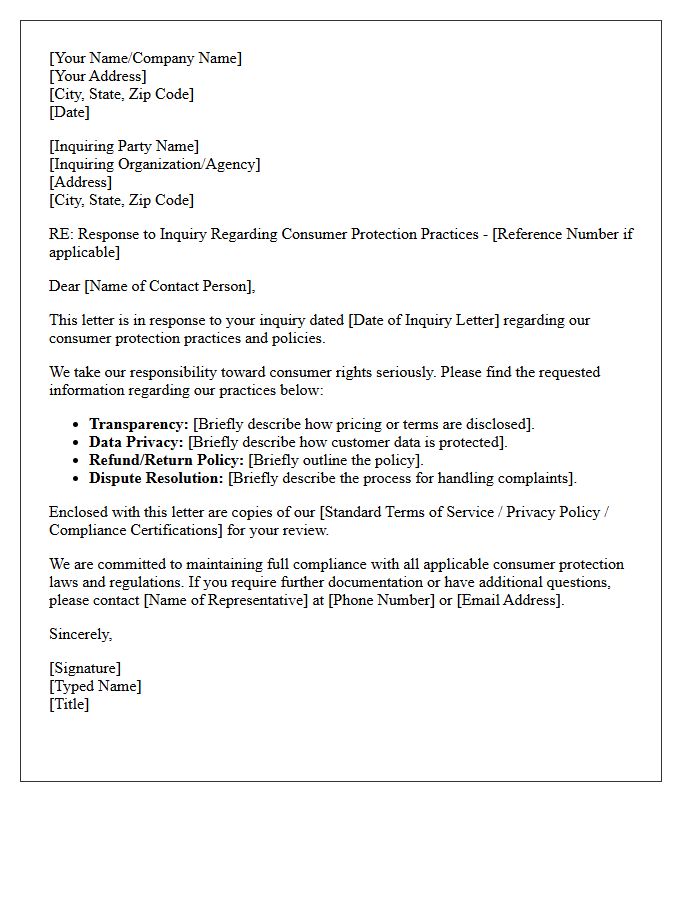 Consumer Protection Practices Inquiry Response Letter
