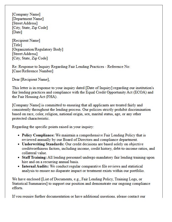 Fair Lending Practices Inquiry Response Letter