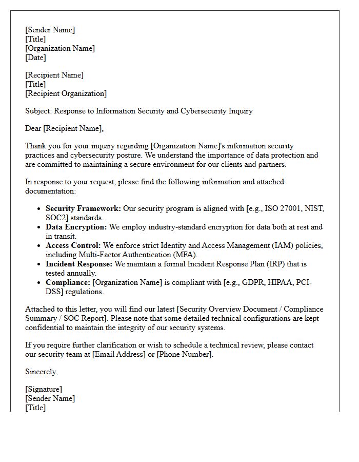 Information Security and Cybersecurity Inquiry Response Letter