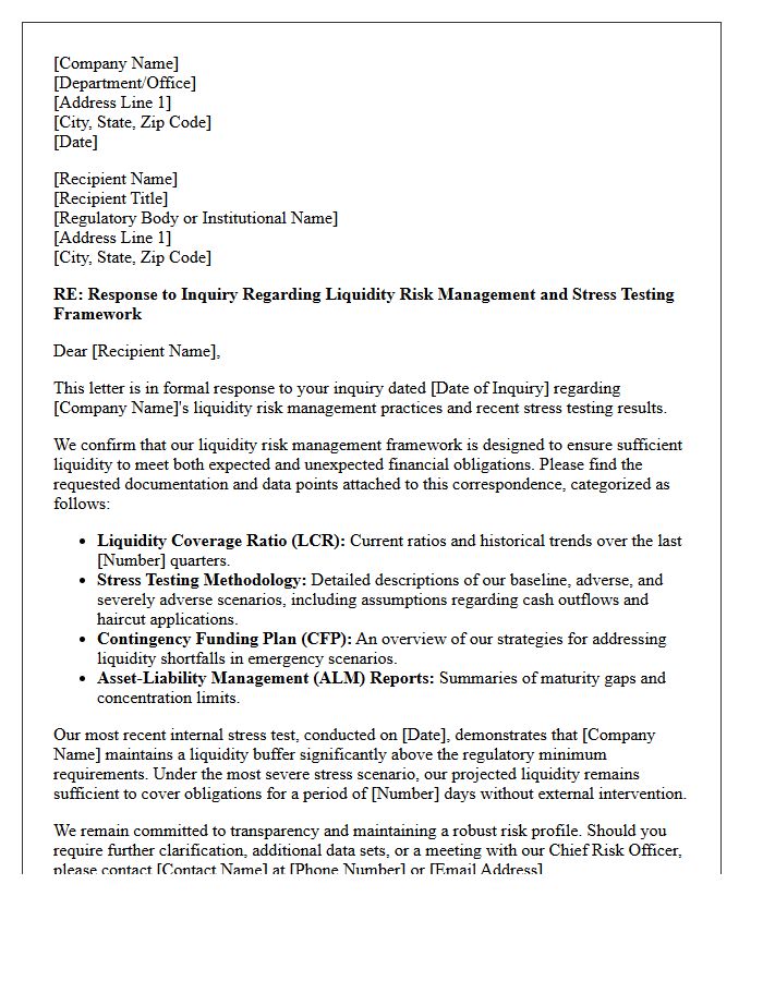 Liquidity Risk and Stress Testing Inquiry Response Letter
