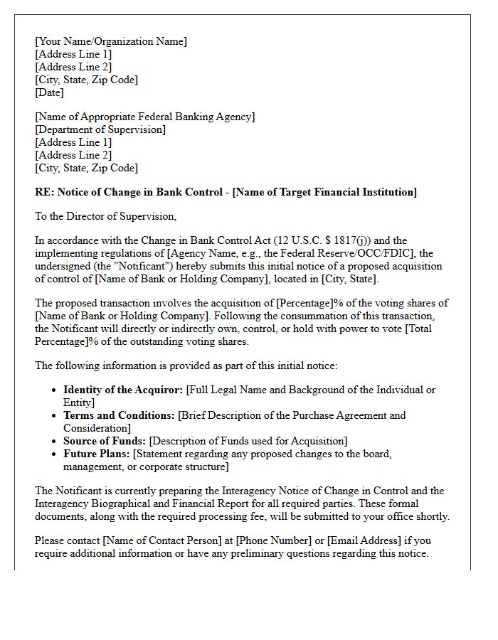 Change In Bank Control Act Initial Notice Letter