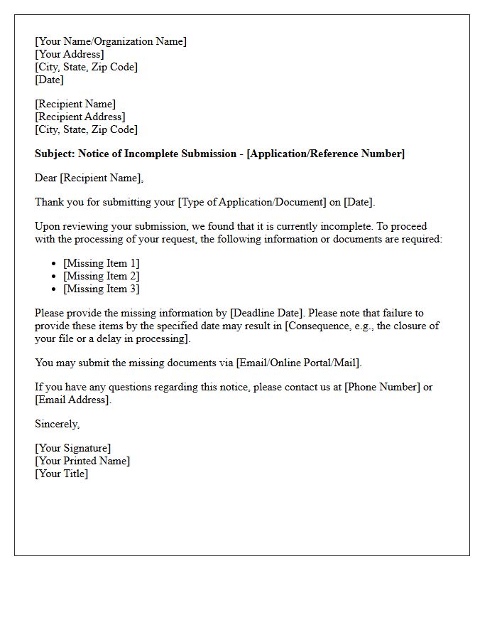 Notice Of Incomplete Submission Letter