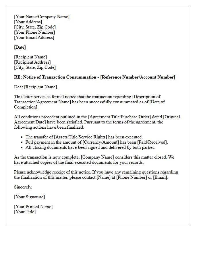 Notice Of Transaction Consummation Letter