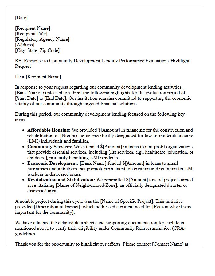 Community Development Lending Highlight Response Letter
