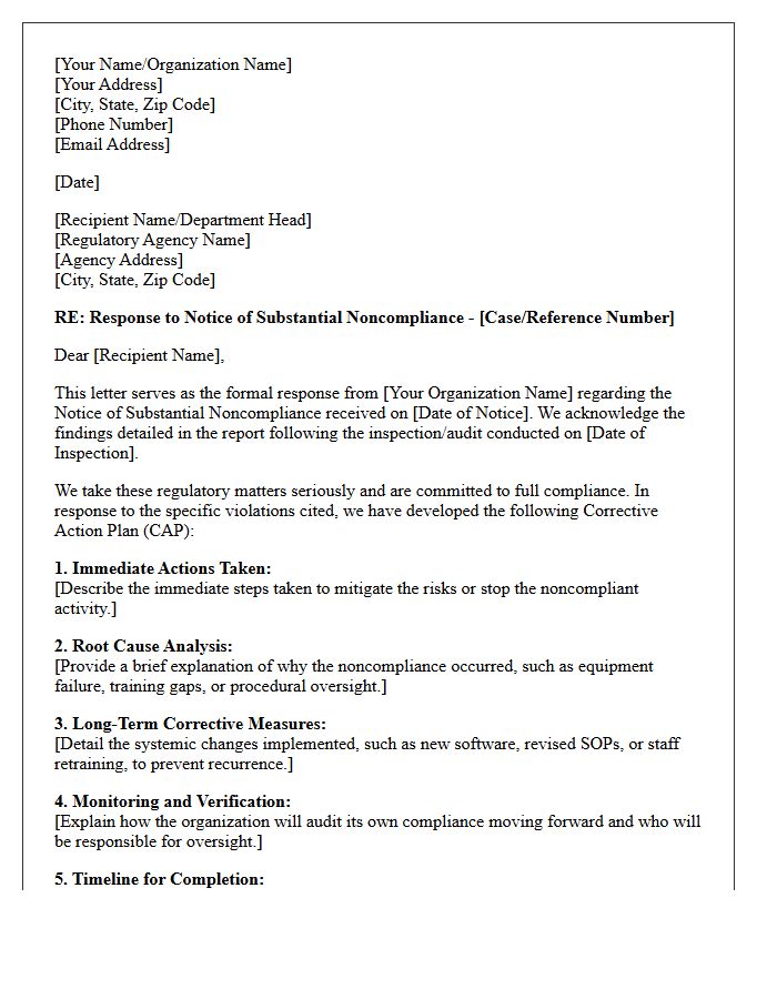 Substantial Noncompliance Regulatory Response Letter