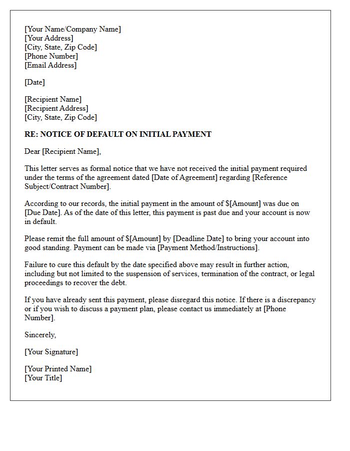 Notice of Default on Initial Payment Letter