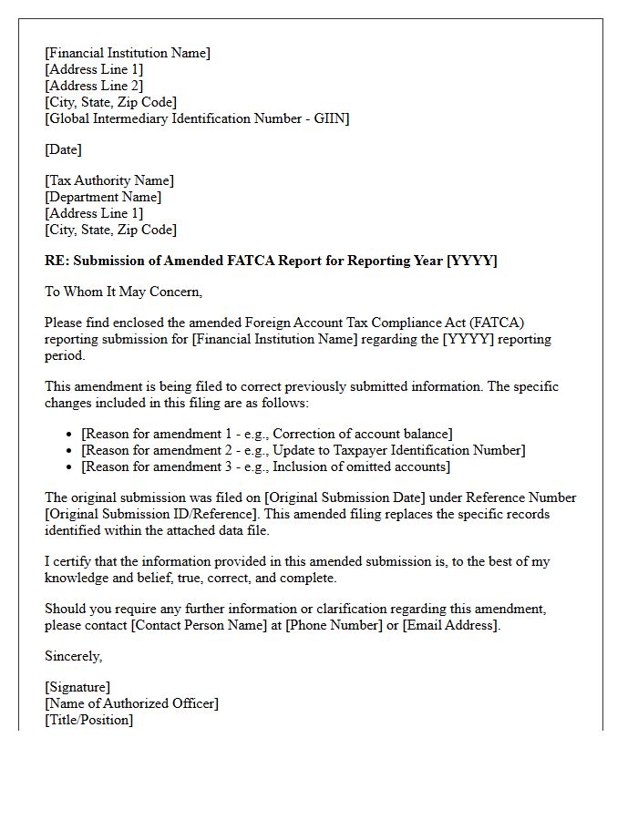 Amended FATCA Reporting Submission Cover Letter