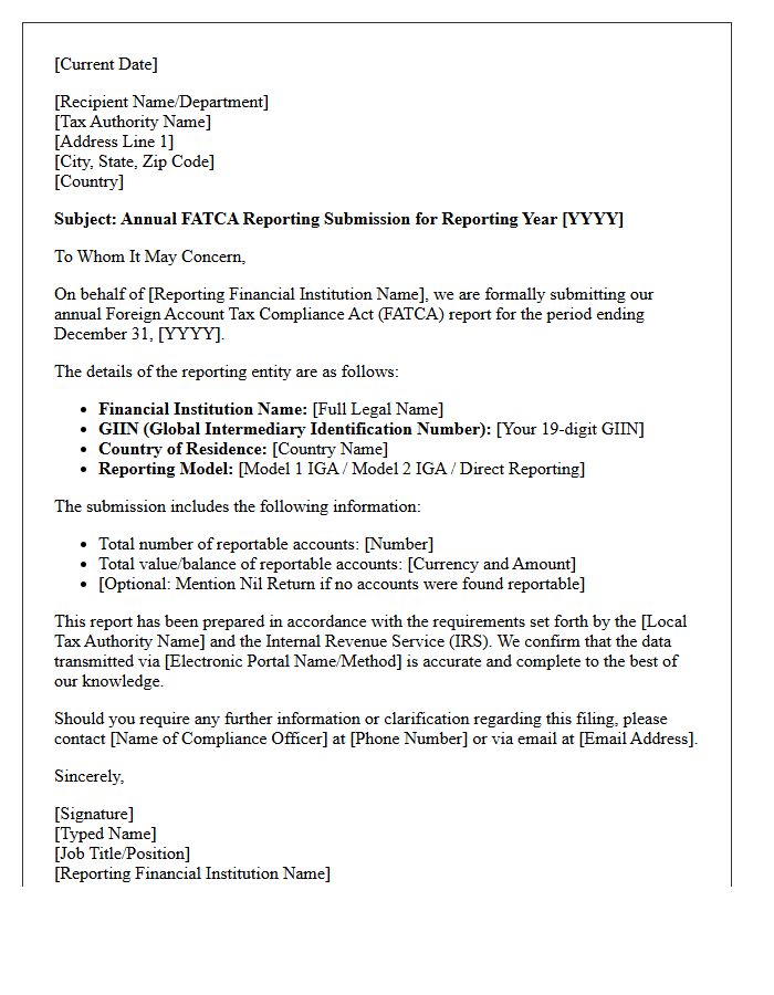 Annual FATCA Reporting Submission Cover Letter