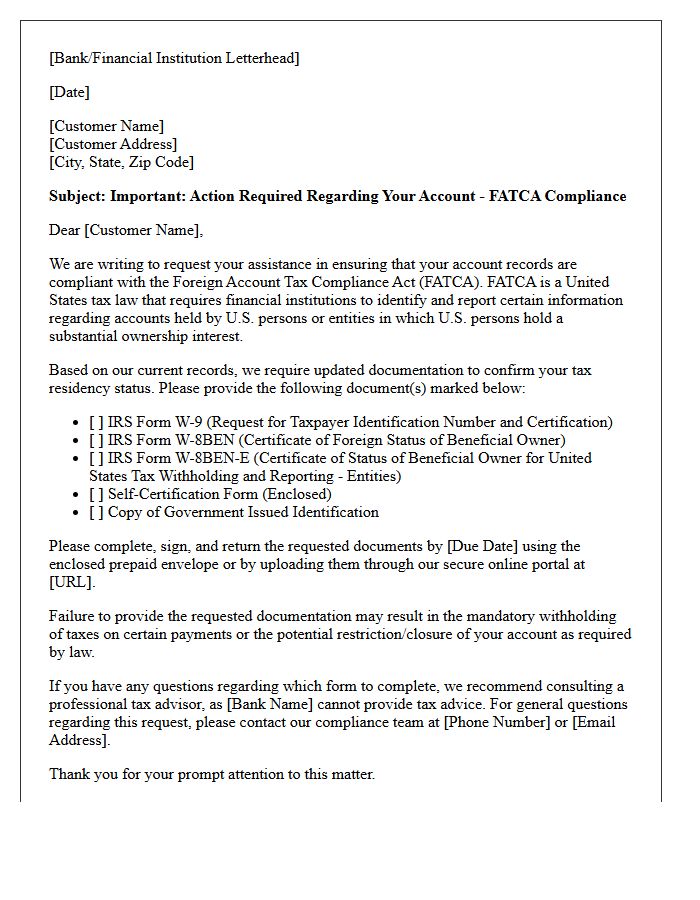 Customer FATCA Documentation Request Cover Letter