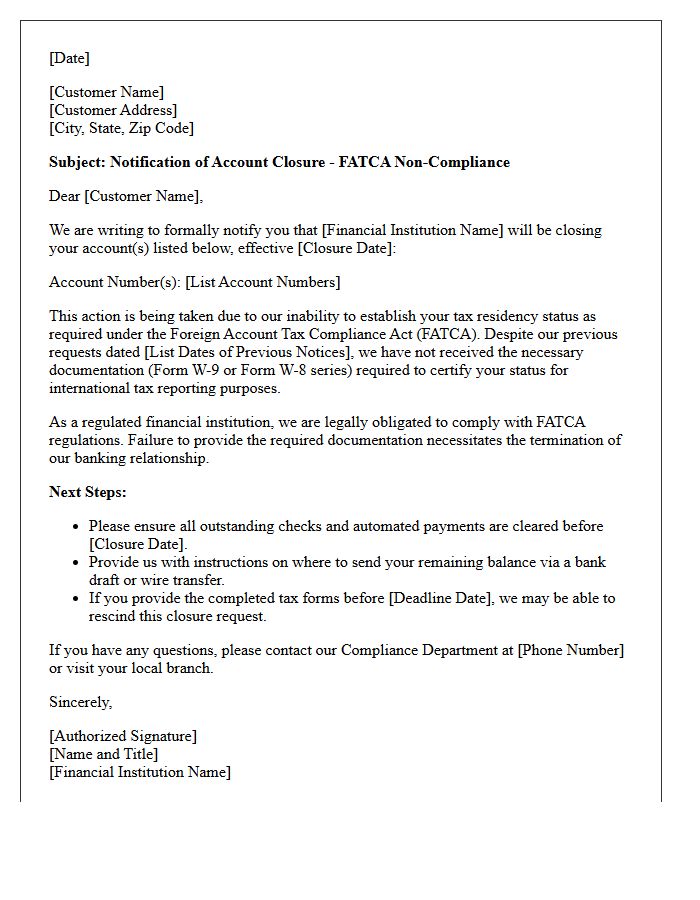 FATCA Account Closure Notification Cover Letter