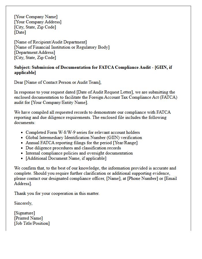 FATCA Compliance Audit Document Submission Cover Letter