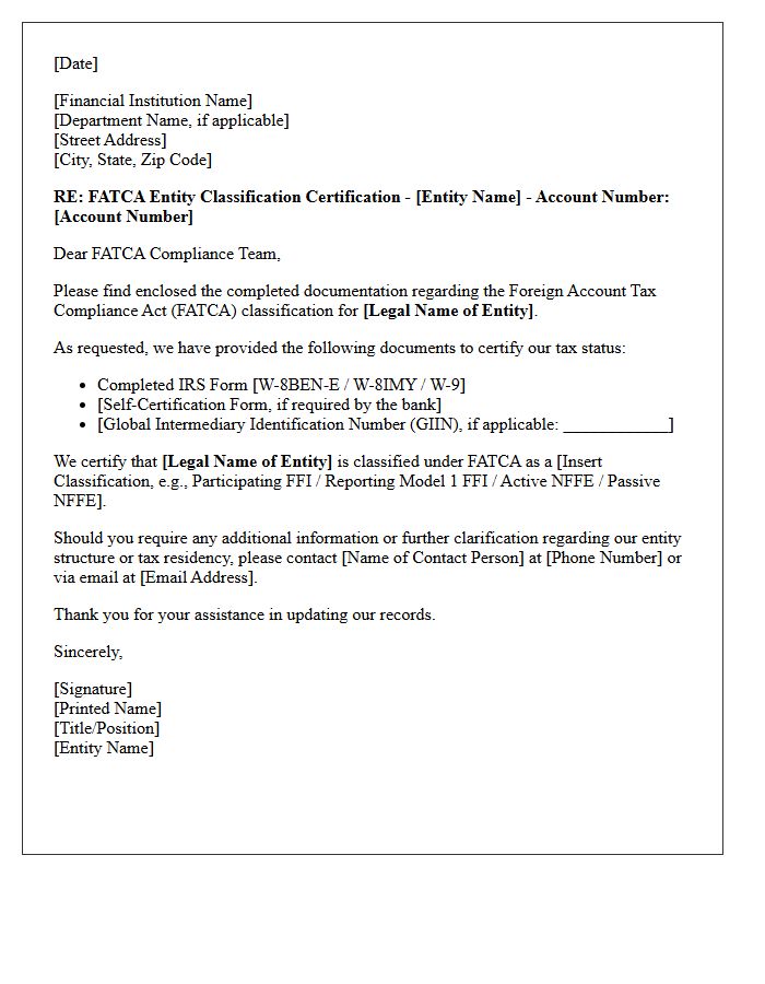 FATCA Entity Classification Certification Cover Letter