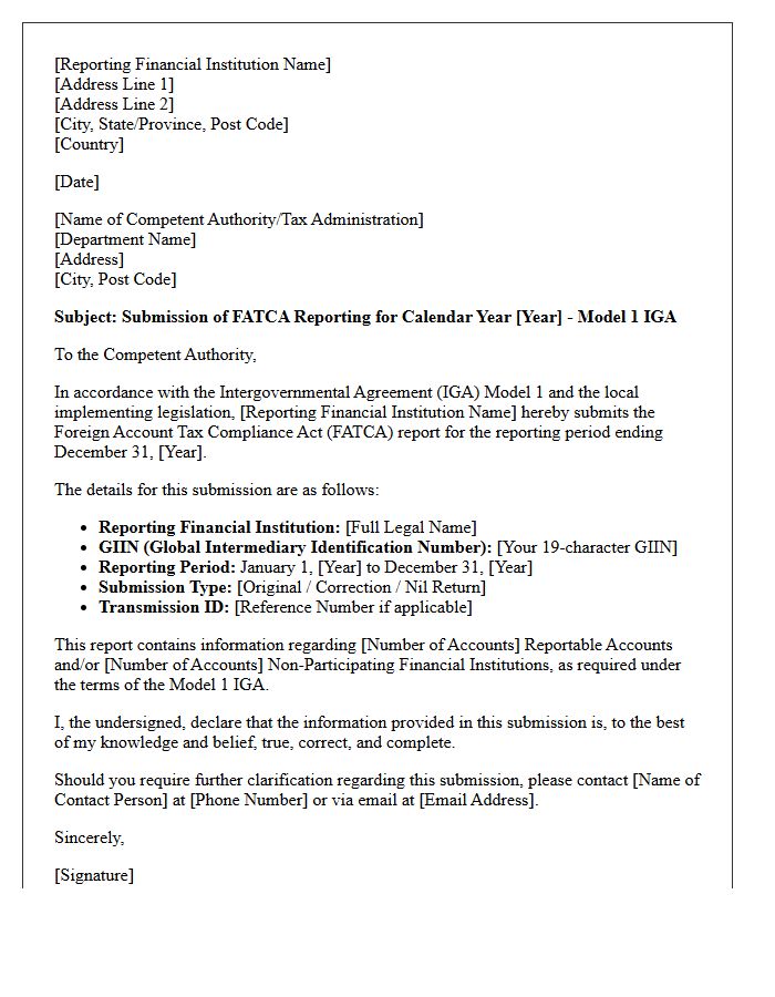 FATCA Model One Intergovernmental Agreement Reporting Cover Letter