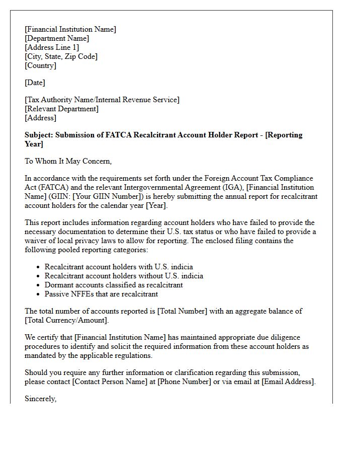 FATCA Recalcitrant Account Holder Reporting Cover Letter