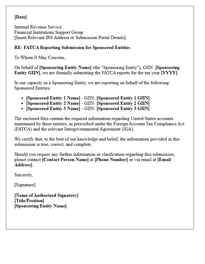 FATCA Sponsored Entity Reporting Submission Cover Letter
