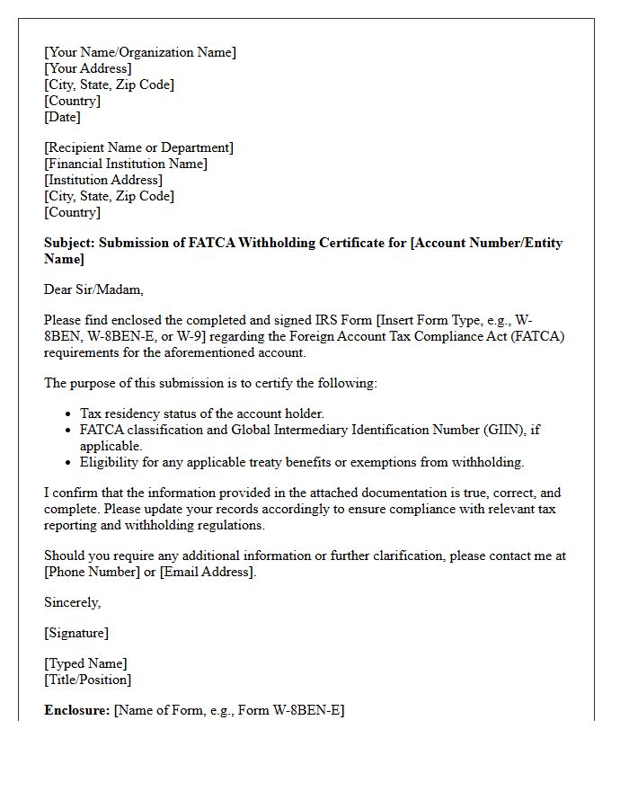 FATCA Withholding Certificate Submission Cover Letter