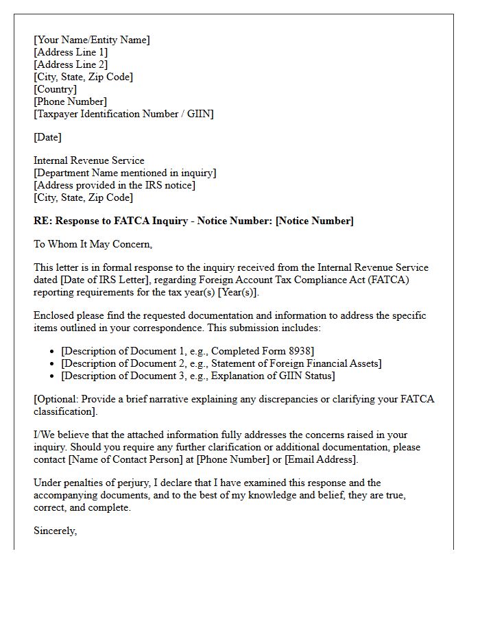 Internal Revenue Service FATCA Inquiry Response Cover Letter