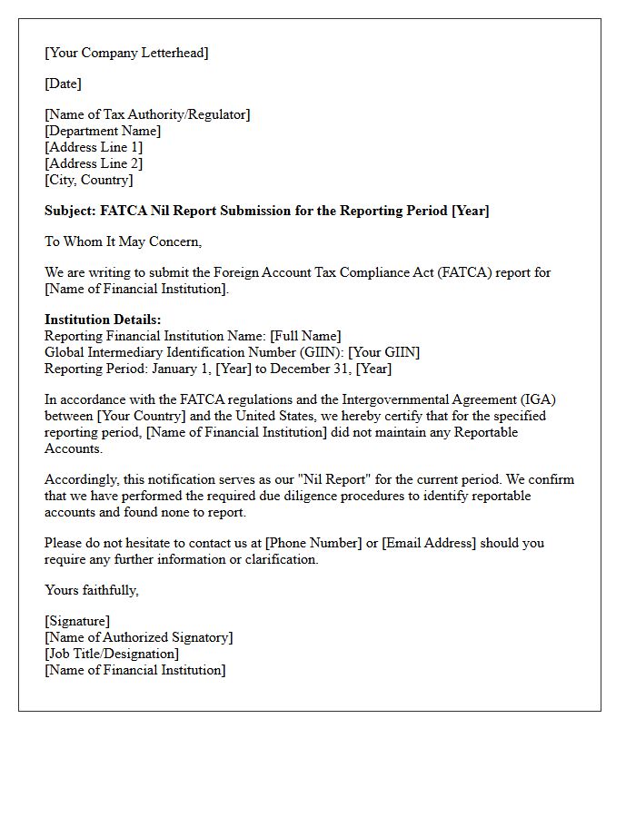 Nil Report FATCA Submission Cover Letter