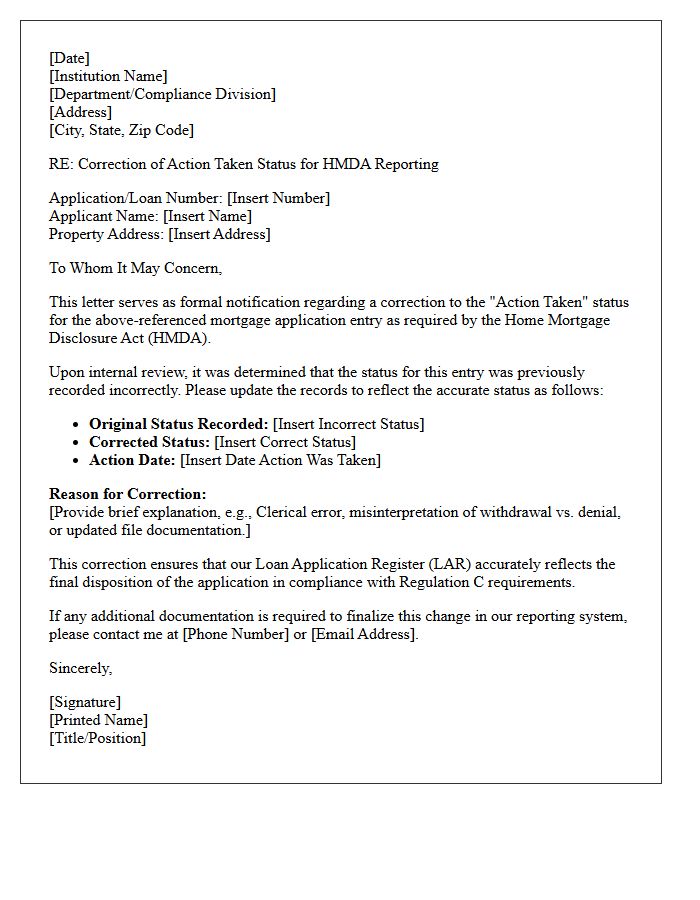 Action Taken Status Correction Letter for Home Mortgage Disclosure Act Entries