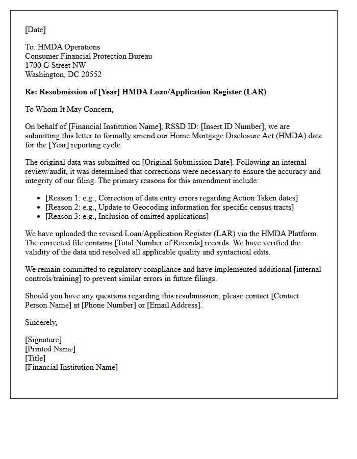 Annual Submission Amendment Letter for Home Mortgage Disclosure Act Data
