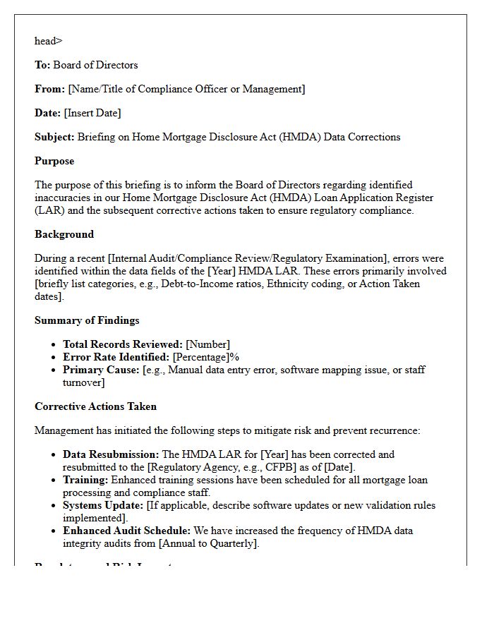 Board of Directors Briefing Letter on Home Mortgage Disclosure Act Data Corrections