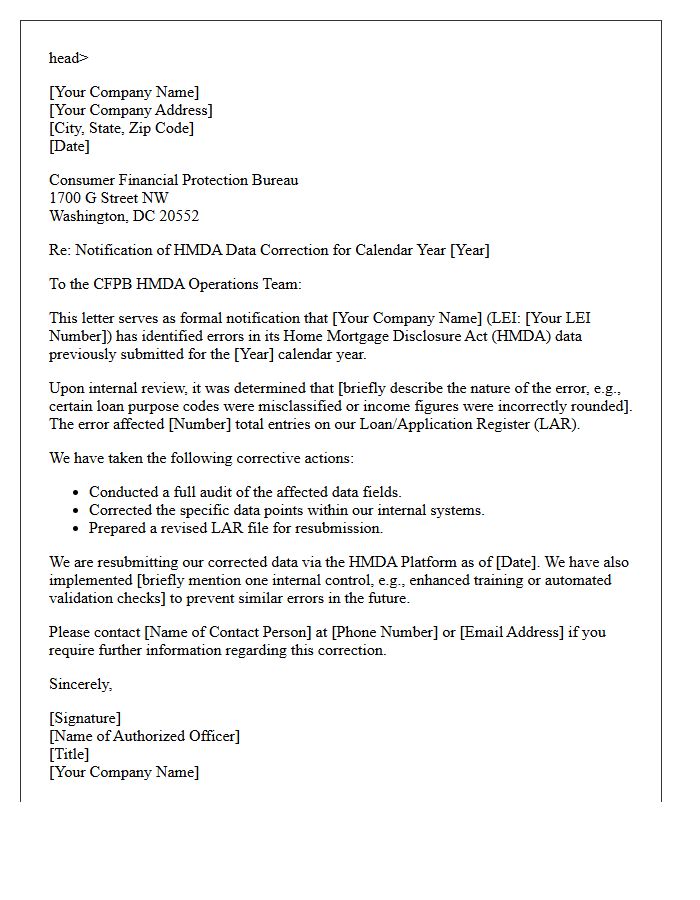 Consumer Financial Protection Bureau Notification Letter for Home Mortgage Disclosure Act Data Correction
