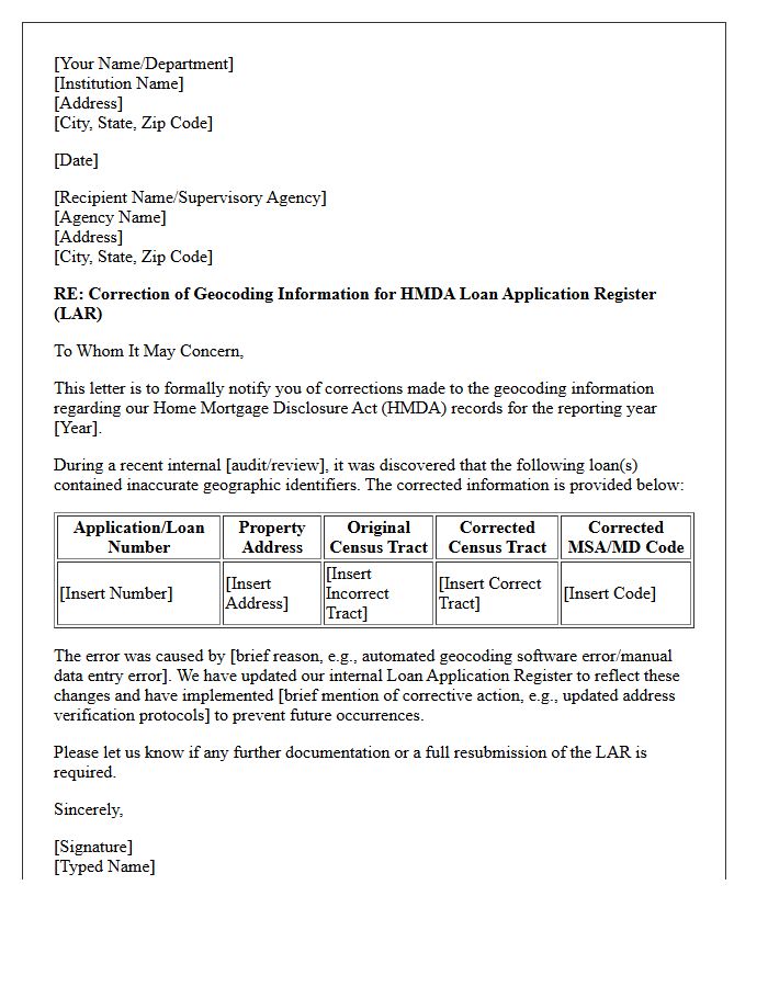 Geocoding Information Correction Letter for Home Mortgage Disclosure Act Records