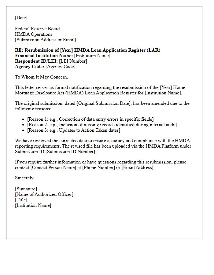 Home Mortgage Disclosure Act Loan Application Register Resubmission Cover Letter