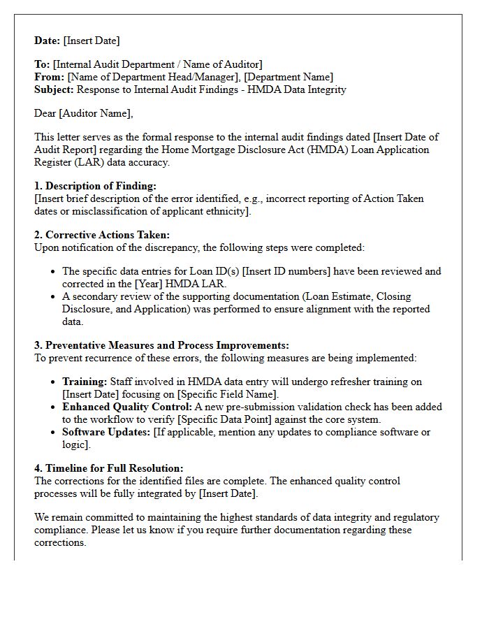 Internal Audit Finding Correction Letter for Home Mortgage Disclosure Act Data