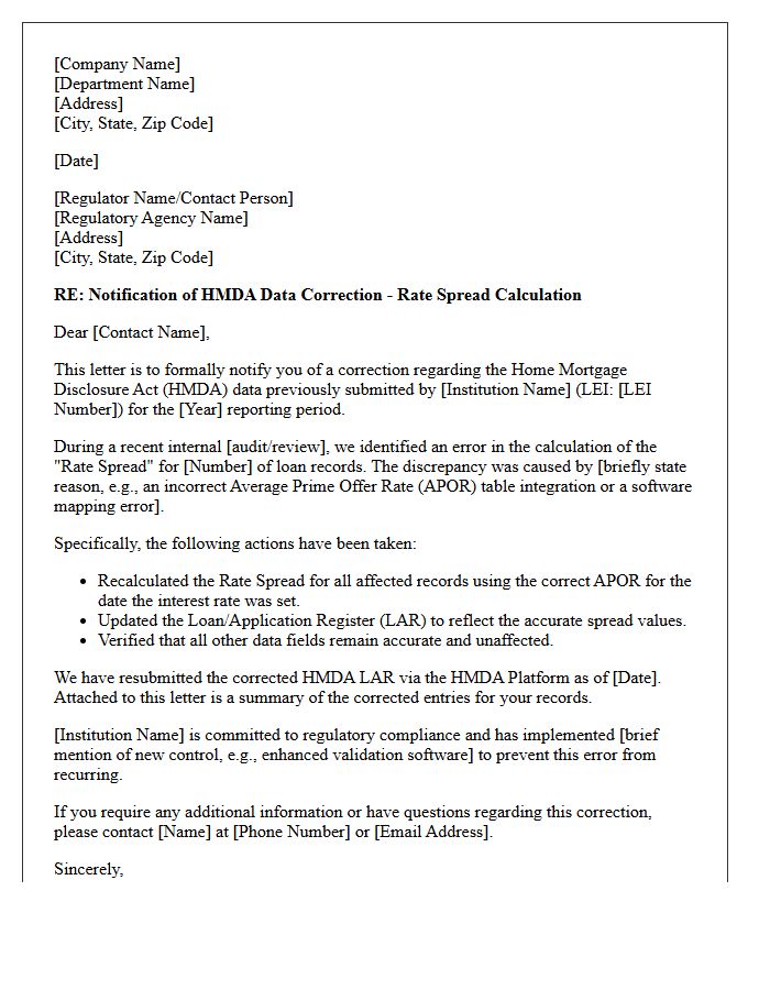 Rate Spread Calculation Correction Letter for Home Mortgage Disclosure Act Reporting