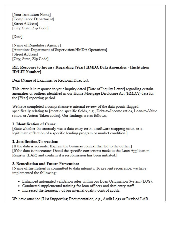 Regulatory Response Letter Regarding Home Mortgage Disclosure Act Data Anomalies