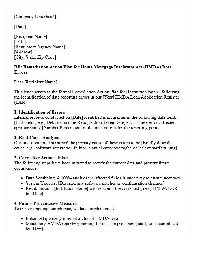 Remediation Action Plan Letter for Home Mortgage Disclosure Act Data Errors